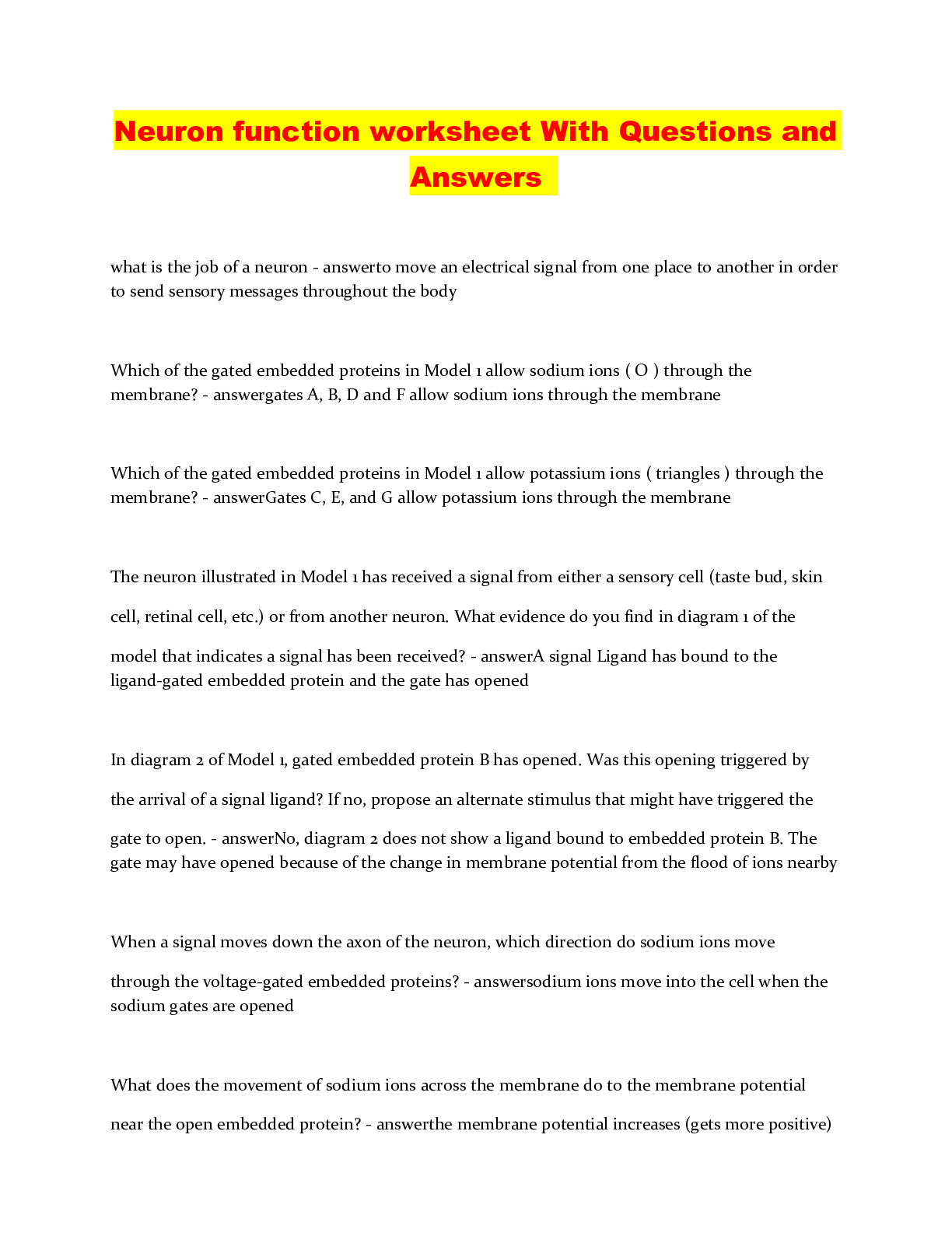 Neuron function worksheet With Questions and Answers Browsegrades